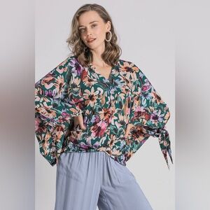 Umgee Full Size Floral V-Neck Tie Sleeve Blouse Plus Size
